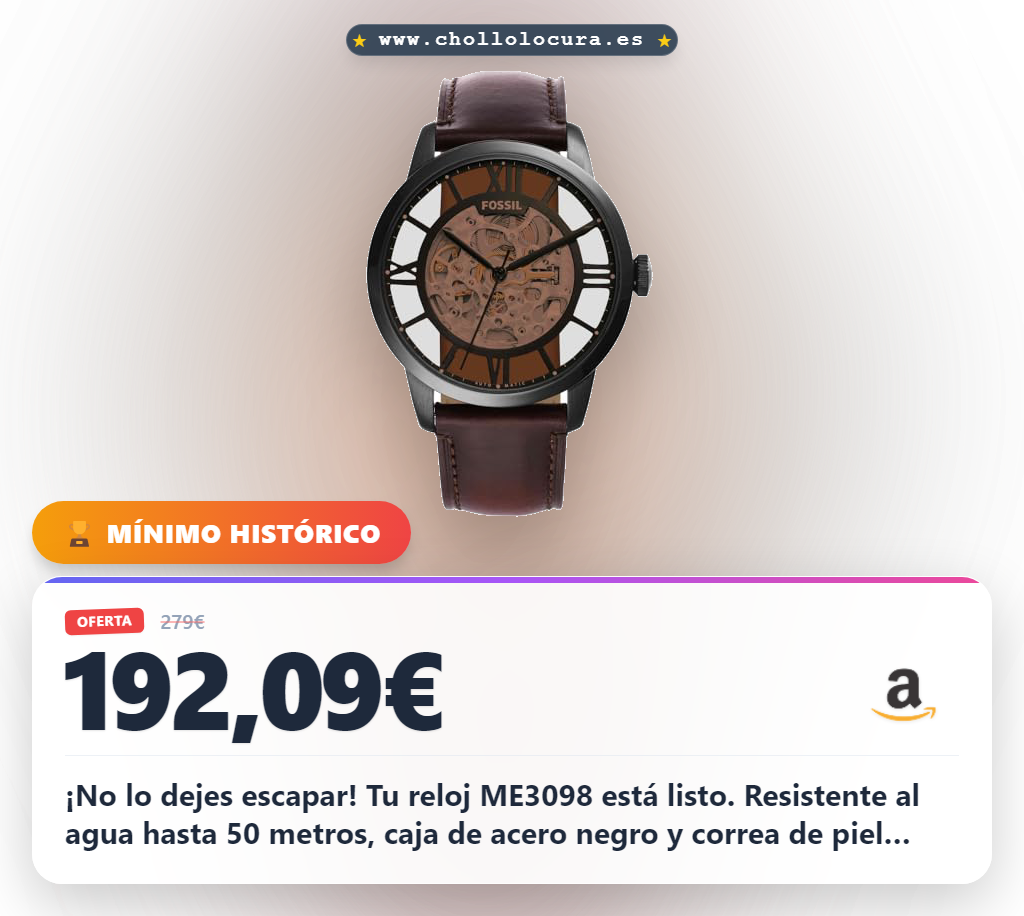 Fossil Reloj para hombre Townsman, movimiento automático, caja de acero negro de 44mm con correa de piel, ME3098, 44MM, Marrón Oscuro