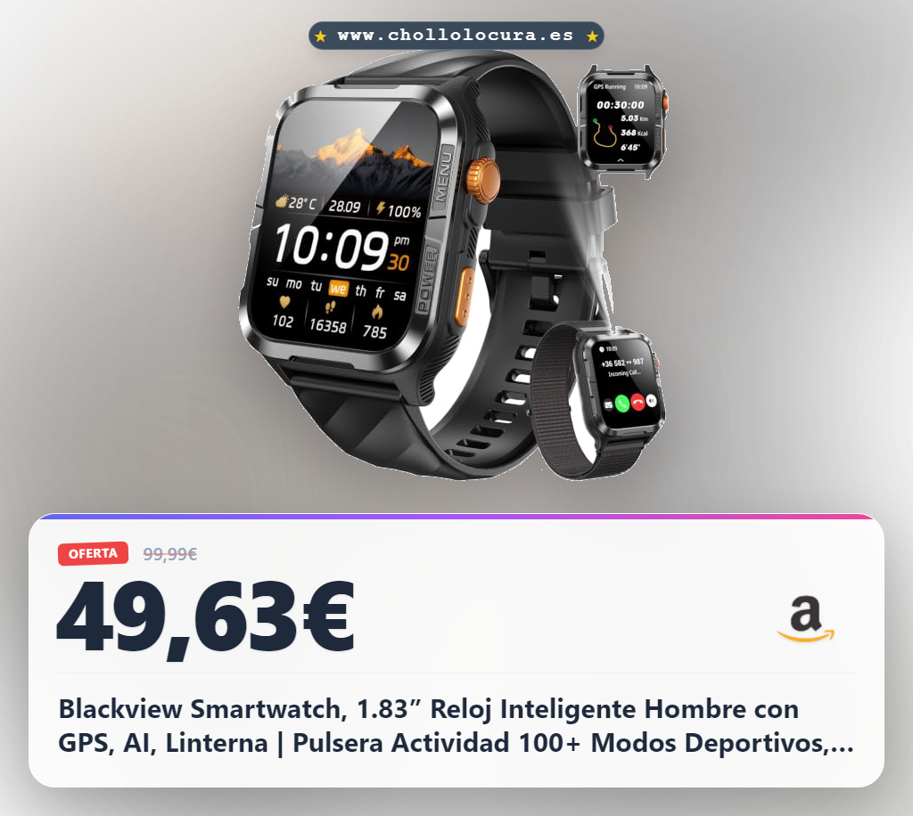 Blackview Smartwatch, 1.83” Reloj Inteligente Hombre con GPS, AI, Linterna | Pulsera Actividad 100+ Modos Deportivos, Llamadas Bluetooth, Pulsómetro, SpO2, Sueño, Estrés, Whatsapp Notificación, Negro