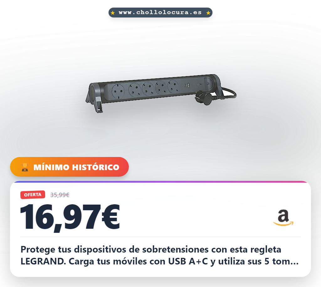Adquiere la regleta LEGRAND con diseño rotativo y protección USB para tus dispositivos a precio de chollo