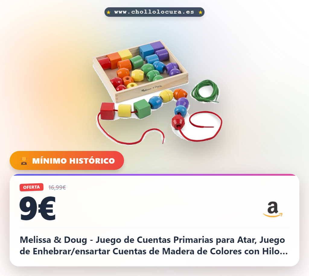 Melissa & Doug - Juego de Cuentas Primarias para Atar, Juego de Enhebrar/ensartar Cuentas de Madera de Colores con Hilo - 6073163 - Juguetes Niños 3 años + - Regalo Niño 3 años + - Montessori