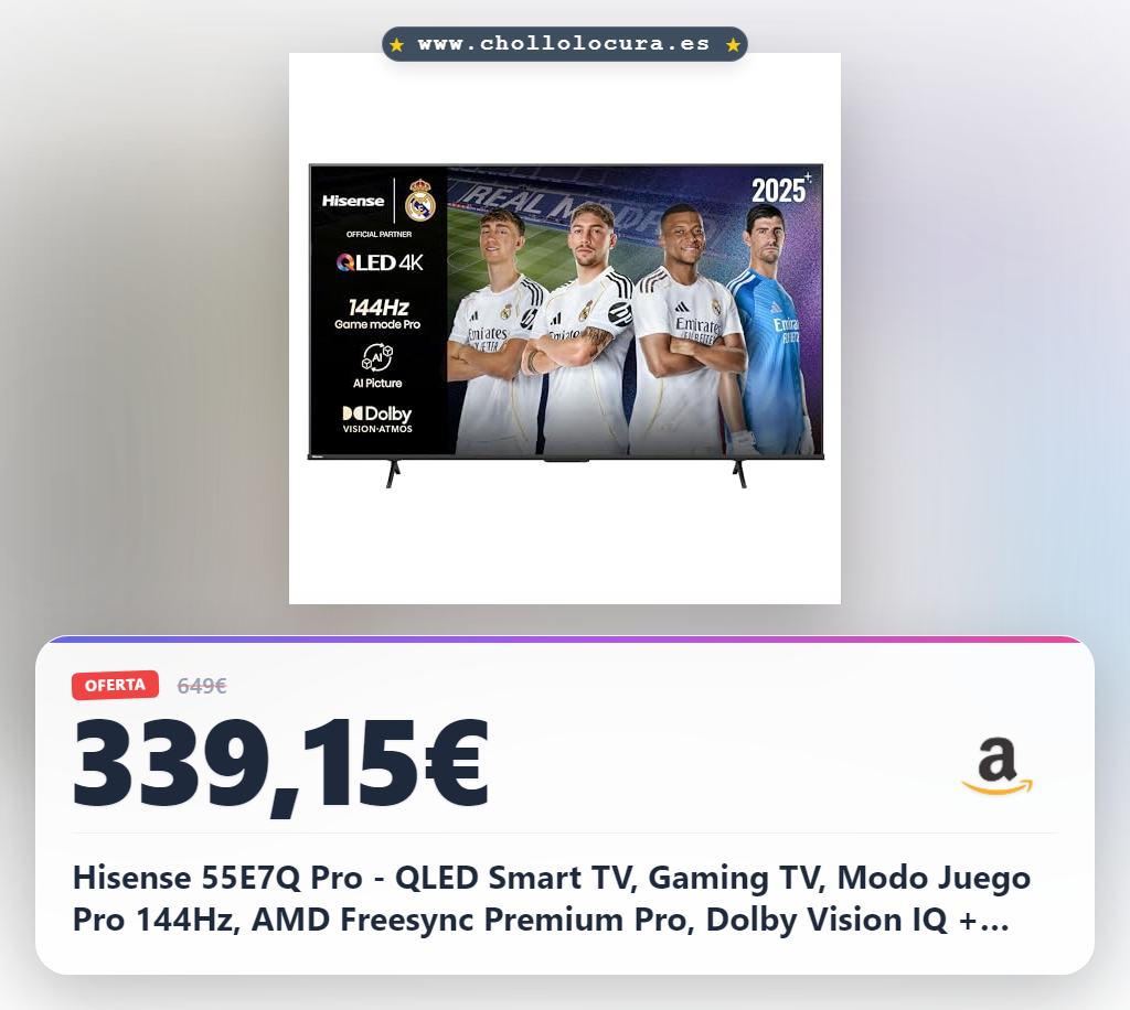 Hisense 55E7Q Pro - QLED Smart TV, Gaming TV, Modo Juego Pro 144Hz, AMD Freesync Premium Pro, Dolby Vision IQ + Dolby Atmos, Hi-Concerto, Procesador Hi-View Engine