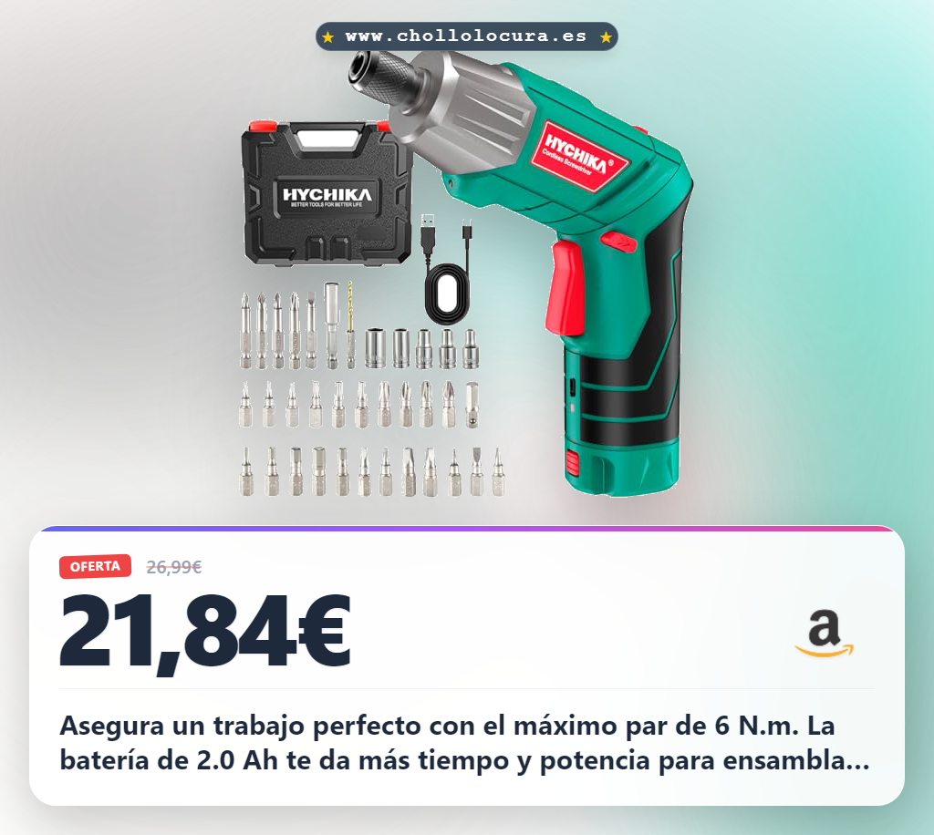 Consigue el destornillador eléctrico HYCHIKA 6Nm con batería de 2.0Ah y 35 accesorios al mejor precio