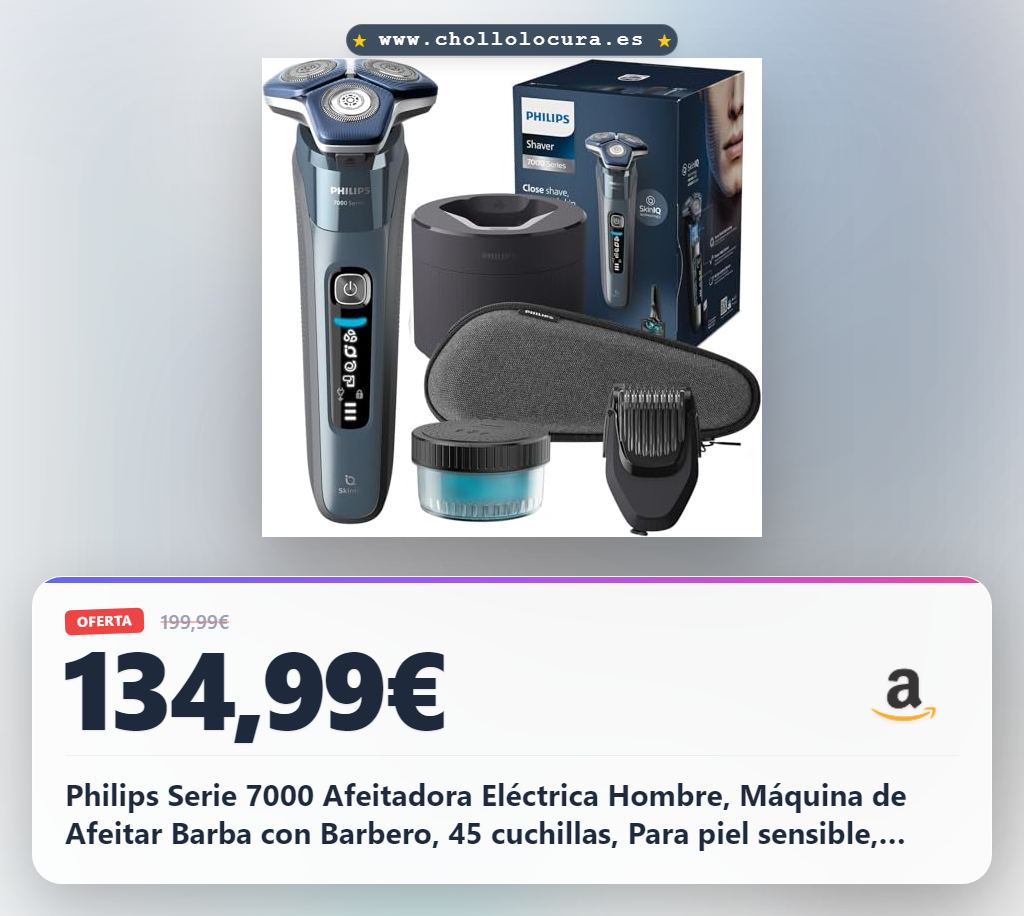 Philips Serie 7000 Afeitadora Eléctrica Hombre, Máquina de Afeitar Barba con Barbero, 45 cuchillas, Para piel sensible, 60min de uso, En Seco y Húmedo, Recargable, Centro de Limpieza, S7882/54, Azul