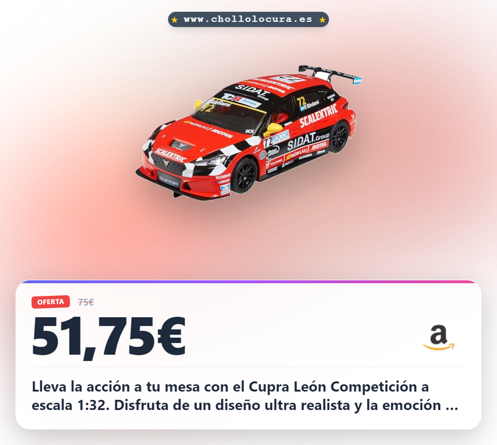 Lleva la acción a tu mesa con el Cupra León Competición a escala 1:32. Disfruta de un diseño ultra realista y la emoción de las carreras Scalextric Advance. El regalo perfecto para niños y adultos que aman la competición. ¡Consigue este coche de colección antes de que se agote!