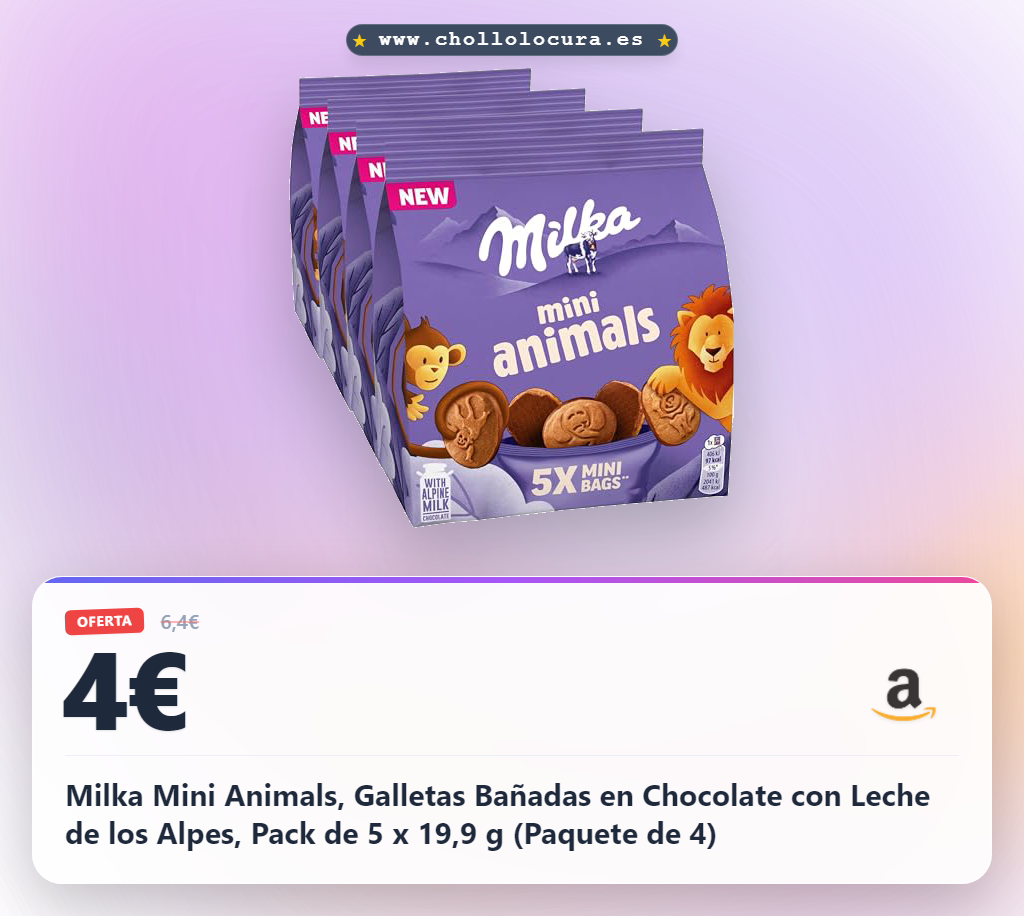 Milka Mini Animals, Galletas Bañadas en Chocolate con Leche de los Alpes, Pack de 5 x 19,9 g (Paquete de 4)