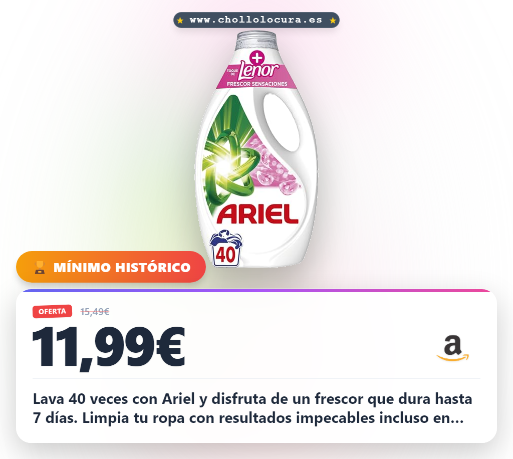 Consigue el detergente Ariel 40 lavados. Logra una limpieza impecable en frío y disfruta de frescor 7 días a precio de chollo.