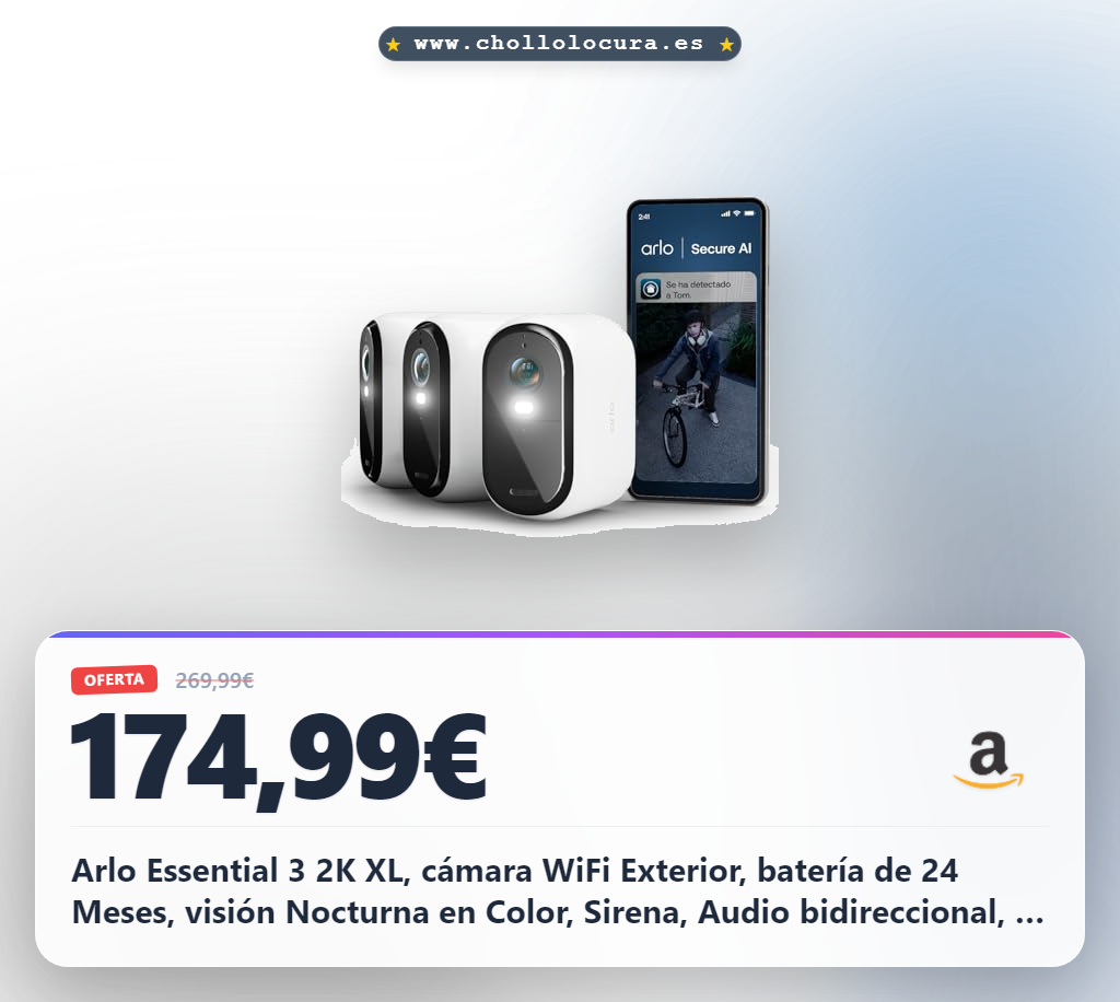 Logra proteger tu hogar con Arlo Essential 3 2K XL, cámara WiFi exterior con visión nocturna en color y batería de 24 meses al mejor precio