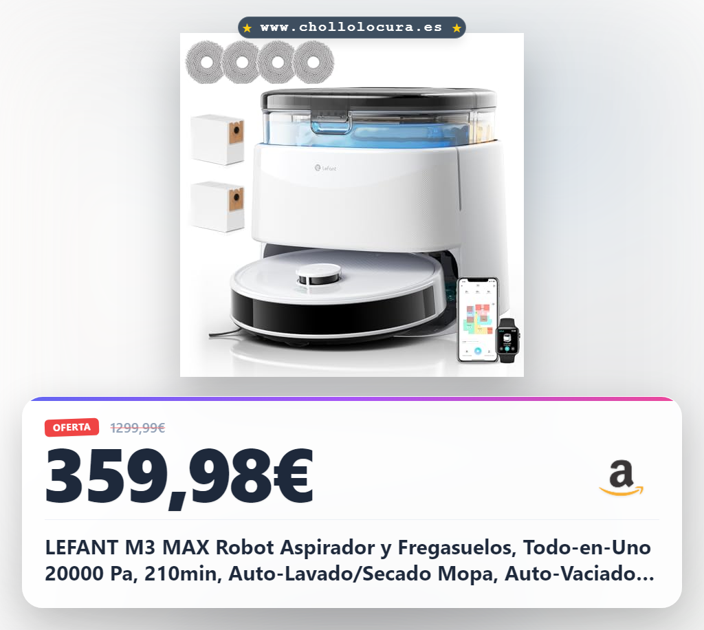 LEFANT M3 MAX Robot Aspirador y Fregasuelos, Todo-en-Uno 20000 Pa, 210min, Auto-Lavado/Secado Mopa, Auto-Vaciado 3,2L, dToF Navegación Láser, Evita Obstáculos, Alexa/App/i Watch/2,4G & 5GHz WiFi