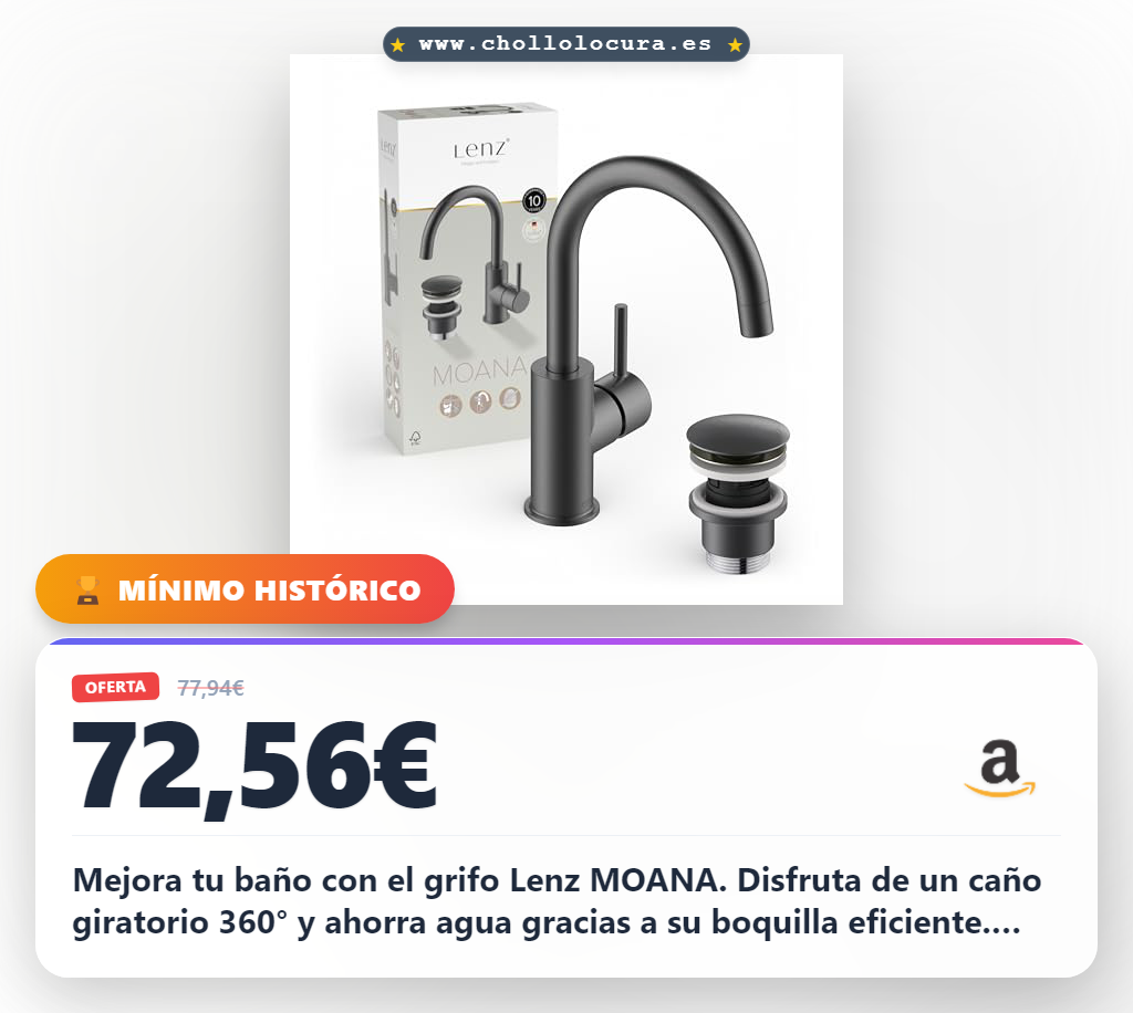 Aprovecha el grifo Lenz MOANA 46012331. Consigue un caño giratorio 360° y ahorro de agua al mejor precio. Superficie antihuellas.
