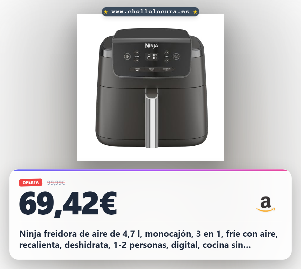 Ninja freidora de aire de 4,7 l, monocajón, 3 en 1, fríe con aire, recalienta, deshidrata, 1-2 personas, digital, cocina sin descongelar, cajón y rejilla antiadherentes, 2000W, negra AF110EU