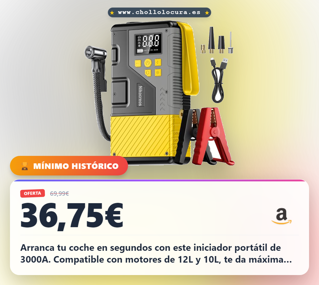 Consigue este iniciador portátil de 3000A con compresor de aire y luz LED. Arranca tu coche en segundos y carga USB para emergencias.