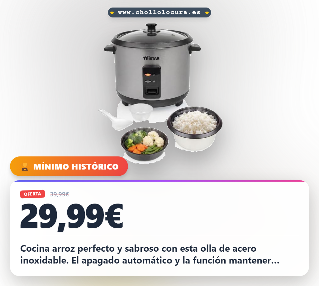 Aprovecha la Olla Arrocera Tristar RK-6145 de acero inoxidable con vapor y apagado automático en oferta