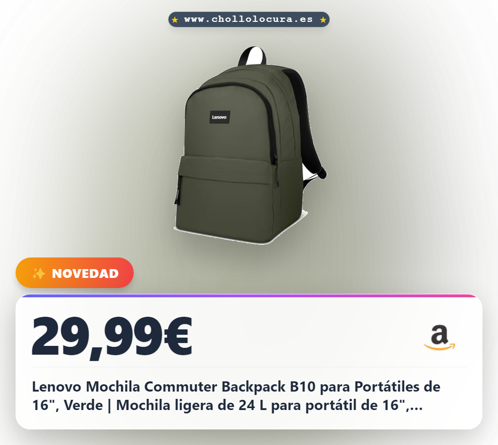 Lenovo Mochila Commuter Backpack B10 para Portátiles de 16", Verde | Mochila ligera de 24 L para portátil de 16", resistente al agua, con 6 compartimentos y gran comodidad diaria