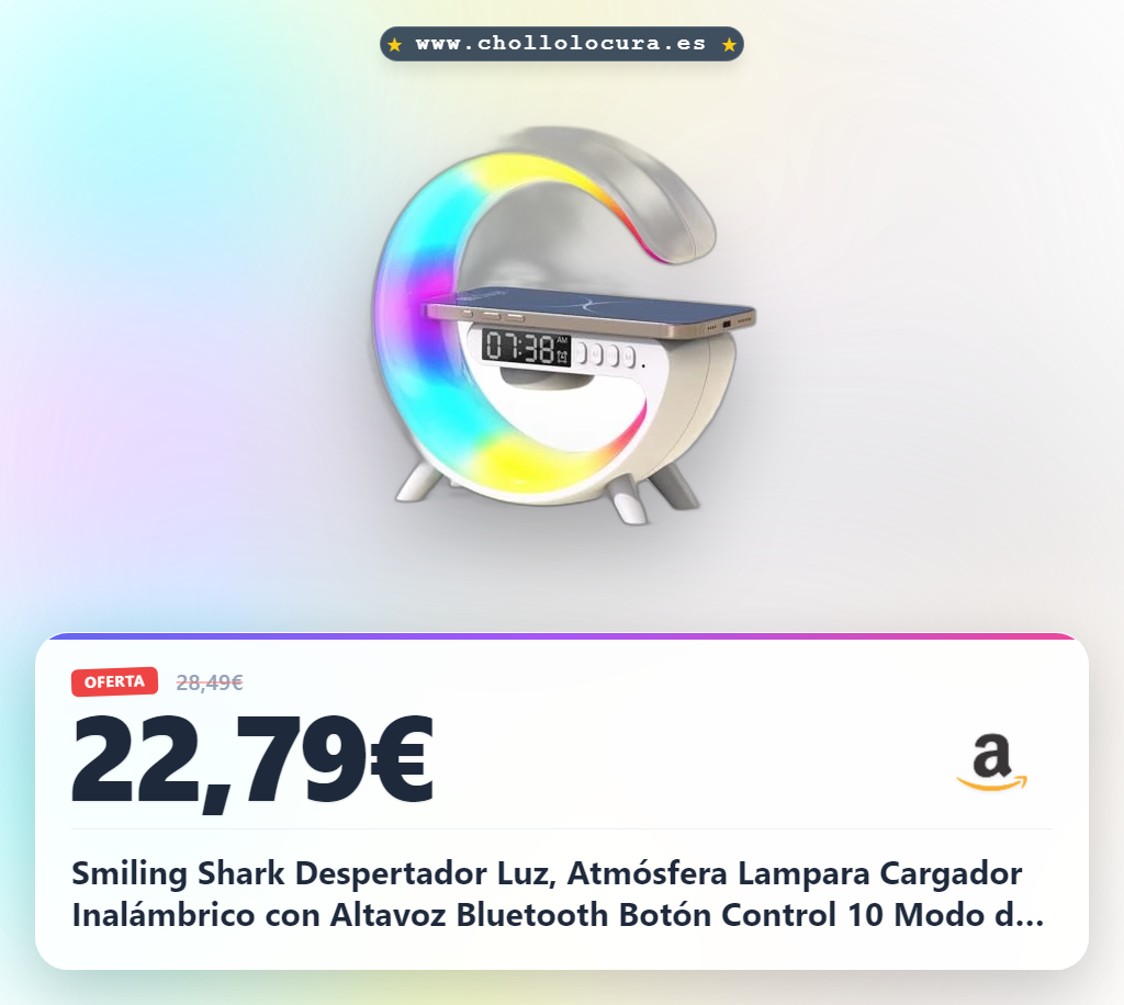 Smiling Shark Despertador Luz, Atmósfera Lampara Cargador Inalámbrico con Altavoz Bluetooth Botón Control 10 Modo de Luz Amanecer Simulación Inteligente LED Luces de Despertador para Decoración Hogar