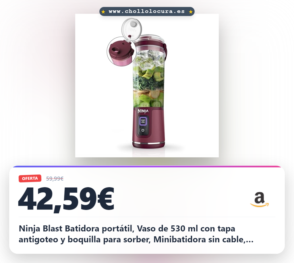 Ninja Blast Batidora portátil, Vaso de 530 ml con tapa antigoteo y boquilla para sorber, Minibatidora sin cable, recargable, smoothies, batidos de proteínas, pica hielo y frutas congeladas, BC151EUCR