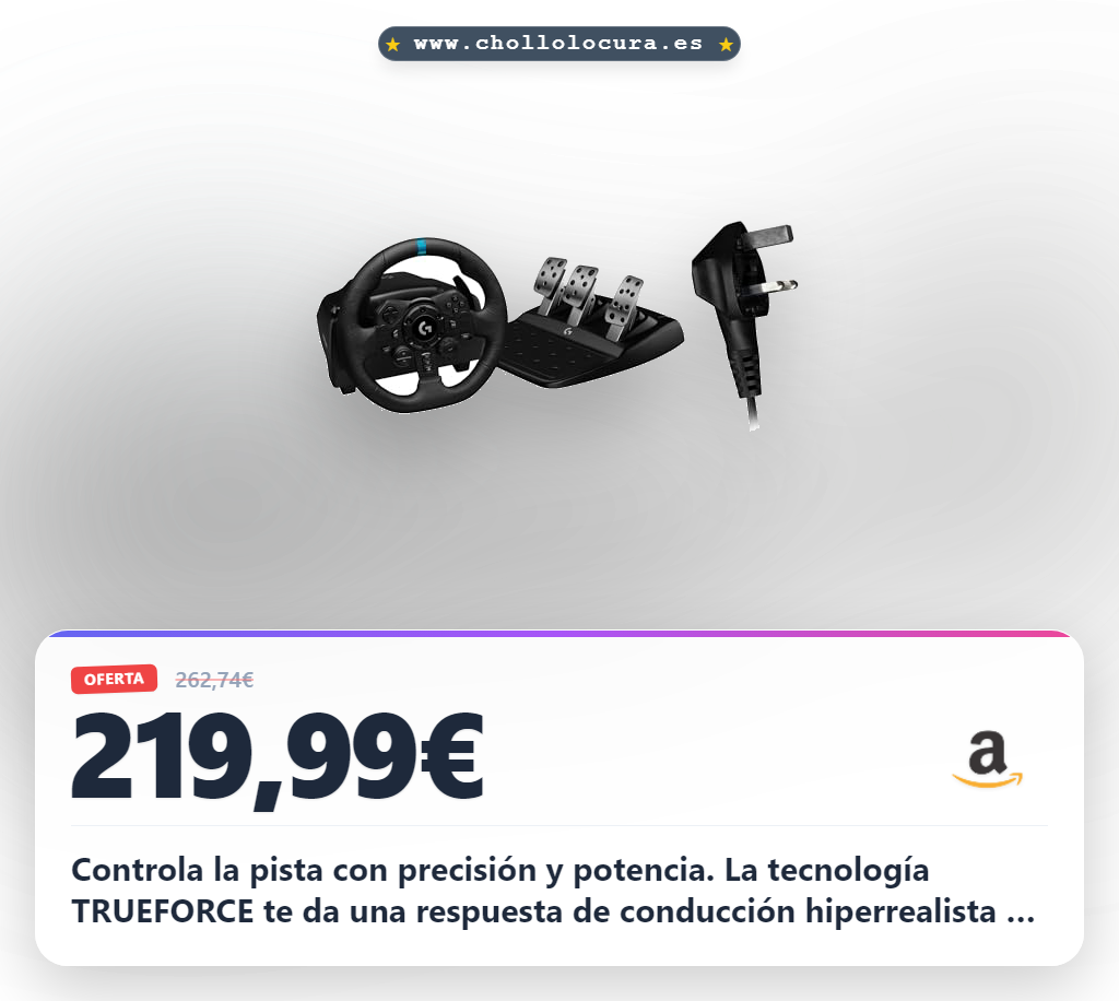 Consigue el volante y pedales Logitech G G923 con tecnología TRUEFORCE y doble embrague programable.