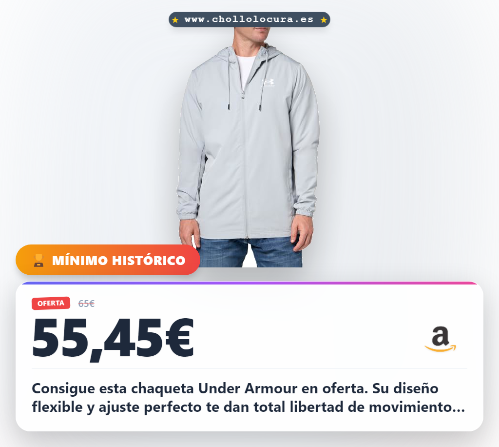 Encuentra la chaqueta Under Armour UA Rival Wvn Windbreaker en oferta: diseño flexible, cremallera completa y detalles reflectantes.