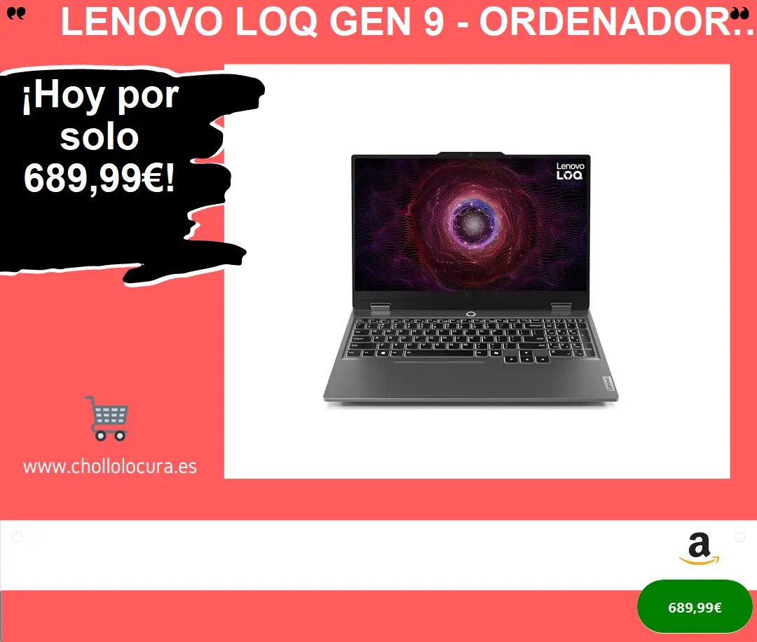 Lenovo LOQ Gen 9 - Ordenador Portátil Gaming IA 15.6" FHD, 144 Hz (AMD Ryzen 7 7435HS, NVIDIA GeForce RTX 4050, 24 GB RAM, 512 GB SSD, Wi-Fi 6, Sin Sistema Operativo) Teclado QWERTY Español - Gris