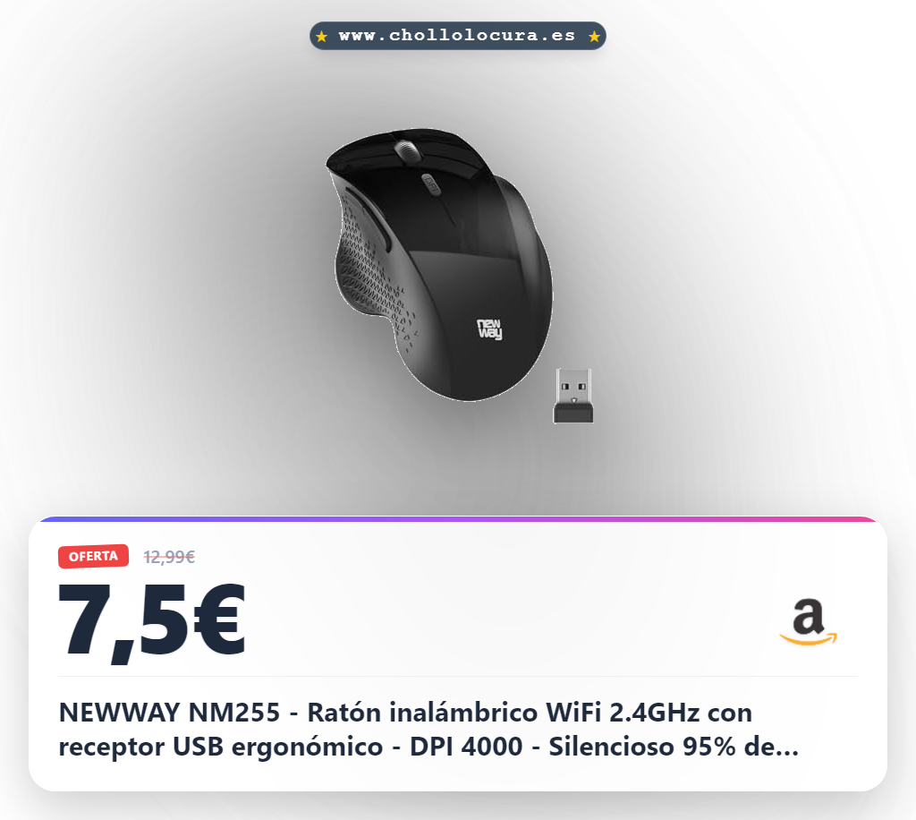 NEWWAY NM255 - Ratón inalámbrico WiFi 2.4GHz con receptor USB ergonómico - DPI 4000 - Silencioso 95% de reducción de ruido - 6 botones - para PC, ordenador portátil, Mac y Linux (Negro)
