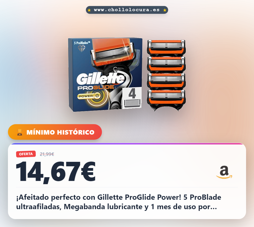 ¡Afeitado perfecto con Gillette ProGlide Power! 5 ProBlade ultraafiladas, Megabanda lubricante y 1 mes de uso por recambio