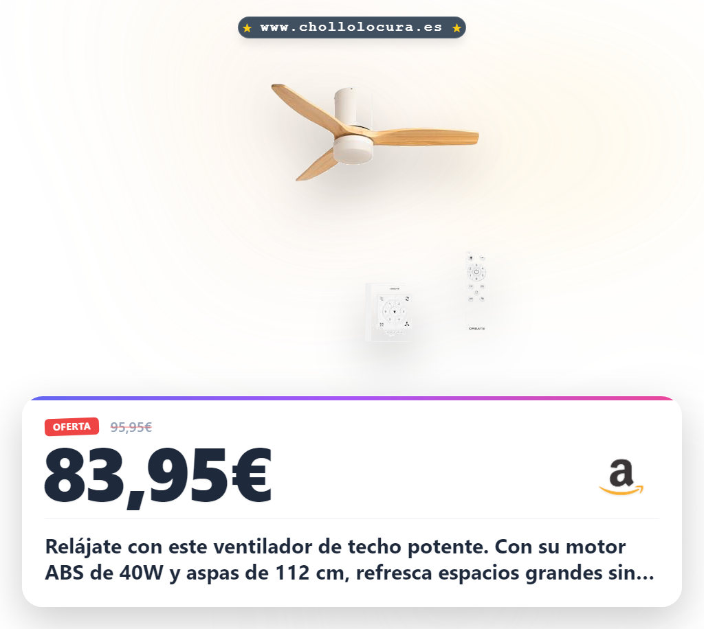 Adquiere el ventilador de techo CREATE/WINDCALM con luz blanca y efecto madera a precio de chollo. Temporizador y 3 luces