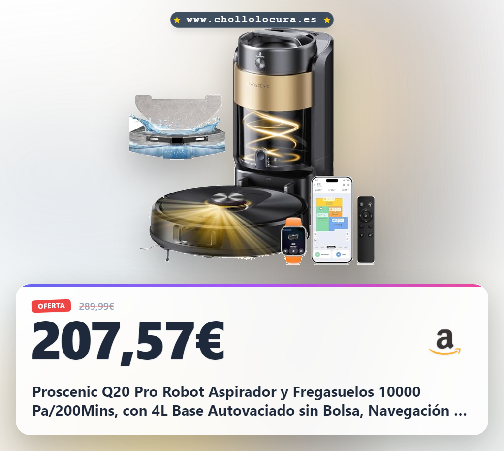 Proscenic Q20 Pro Robot Aspirador y Fregasuelos 10000 Pa/200Mins, con 4L Base Autovaciado sin Bolsa, Navegación y Cartografía por Láser por App/Voz/Control, para Suelos/Alfombras y pelos de Mascotas