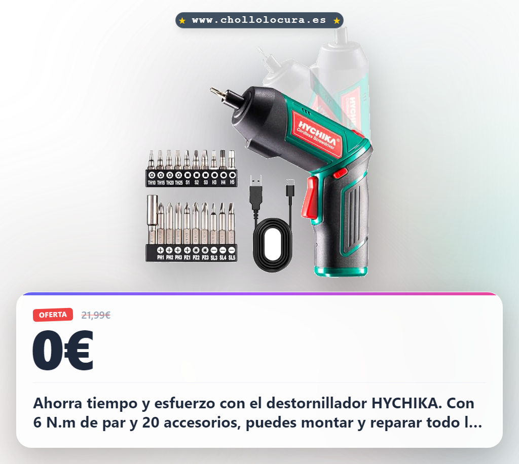 Consigue el destornillador eléctrico HYCHIKA 6N.m con 20 accesorios y batería de 2000mAh al mejor precio