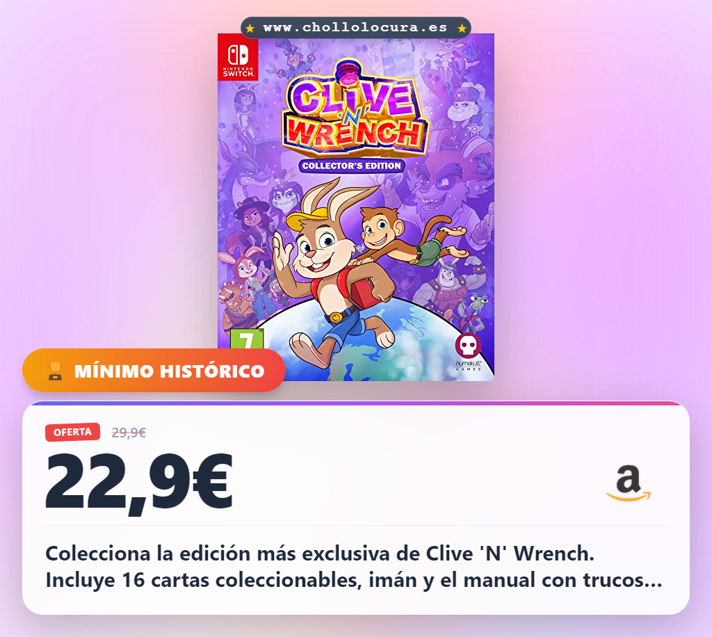 Colecciona la edición más exclusiva de Clive 'N' Wrench. Incluye 16 cartas coleccionables, imán y el manual con trucos para dominar el juego. Vive la aventura con la banda sonora original. ¡Tu colección te espera!