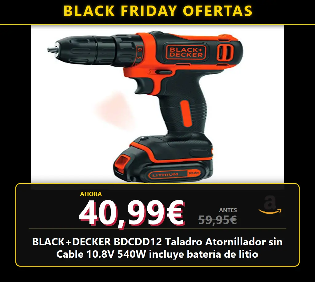 BLACK+DECKER BDCDD12 Taladro Atornillador sin Cable 10.8V 540W incluye batería de litio