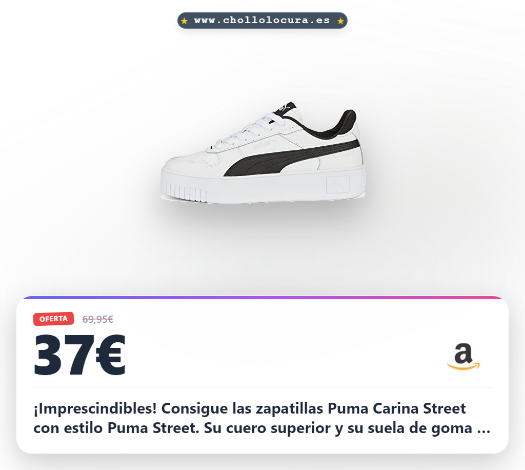 ¡Imprescindibles! Consigue las zapatillas Puma Carina Street con estilo Puma Street. Su cuero superior y su suela de goma te dan la comodidad que necesitas. Talla 38 EU a un precio de chollo. ¡No esperes más para llevarlas!