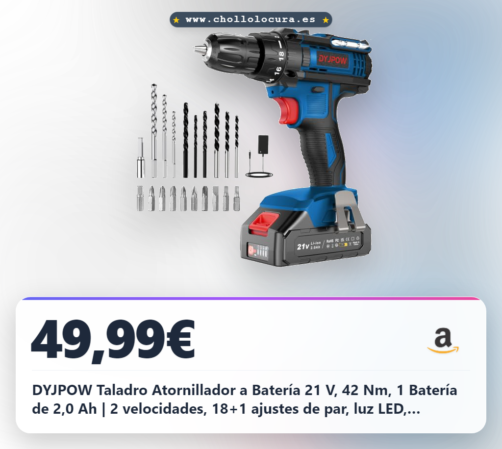 DYJPOW Taladro Atornillador a Batería 21 V, 42 Nm, 1 Batería de 2,0 Ah | 2 velocidades, 18+1 ajustes de par, luz LED, cargador y 20 accesorios para perforar y atornillar madera y metal