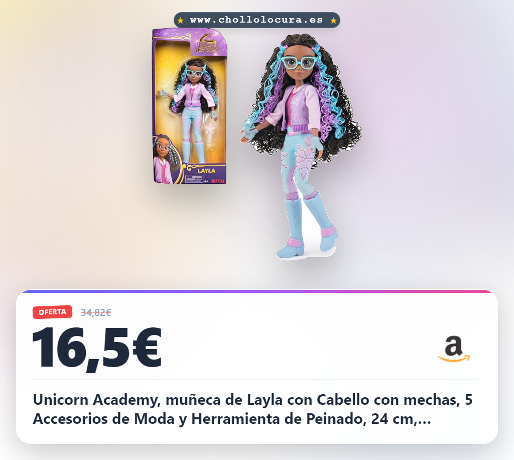 Unicorn Academy, muñeca de Layla con Cabello con mechas, 5 Accesorios de Moda y Herramienta de Peinado, 24 cm, Juguetes de muñecas y Unicornios para niñas a Partir de 4 años