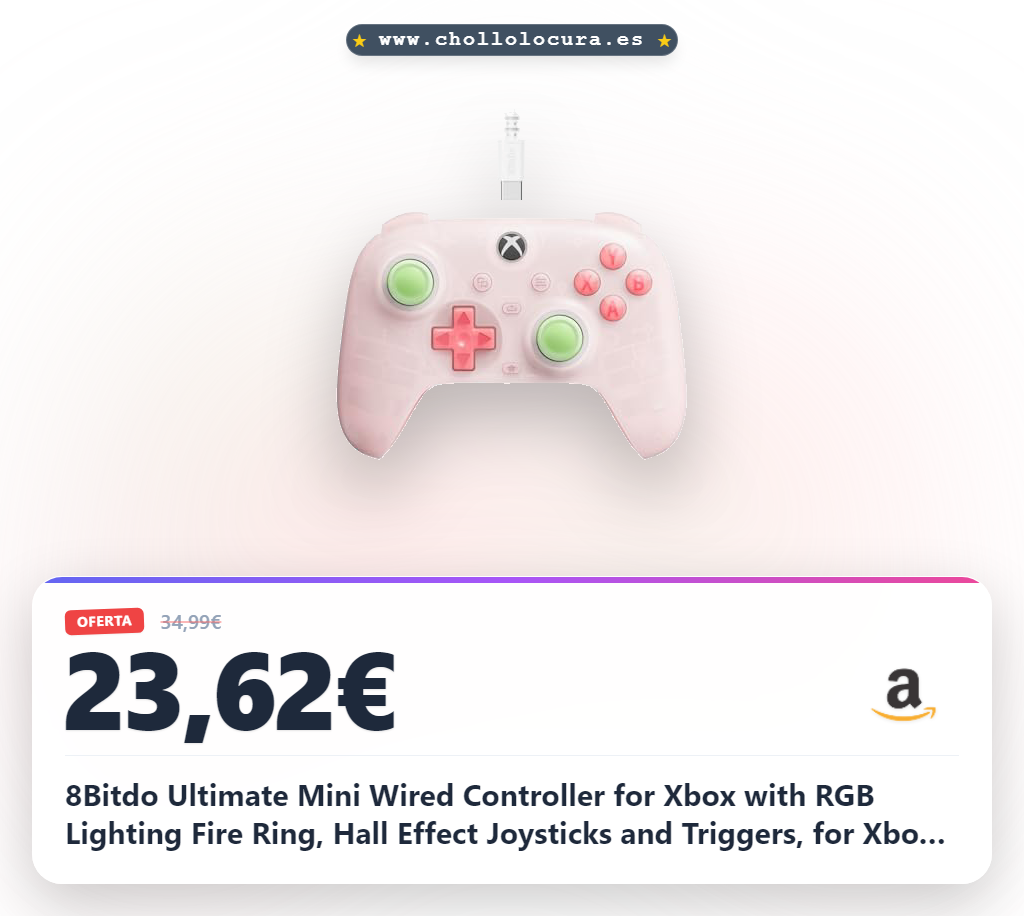 8Bitdo Ultimate Mini Wired Controller for Xbox with RGB Lighting Fire Ring, Hall Effect Joysticks and Triggers, for Xbox Series X|S, Xbox One, Windows 10/11 - Officially Licensed (Translucent Pink)