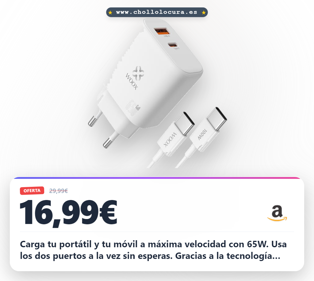 Aprovecha el cargador USB C 65W doble puerto con tecnología GaN y seguridad para cargar rápido móvil y portátil.