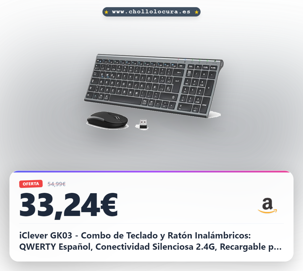 iClever GK03 - Combo de Teclado y Ratón Inalámbricos: QWERTY Español, Conectividad Silenciosa 2.4G, Recargable por USB-C, Diseño Compacto y Delgado - Ideal para iMac/PC/Portátil, Escritura Cómoda