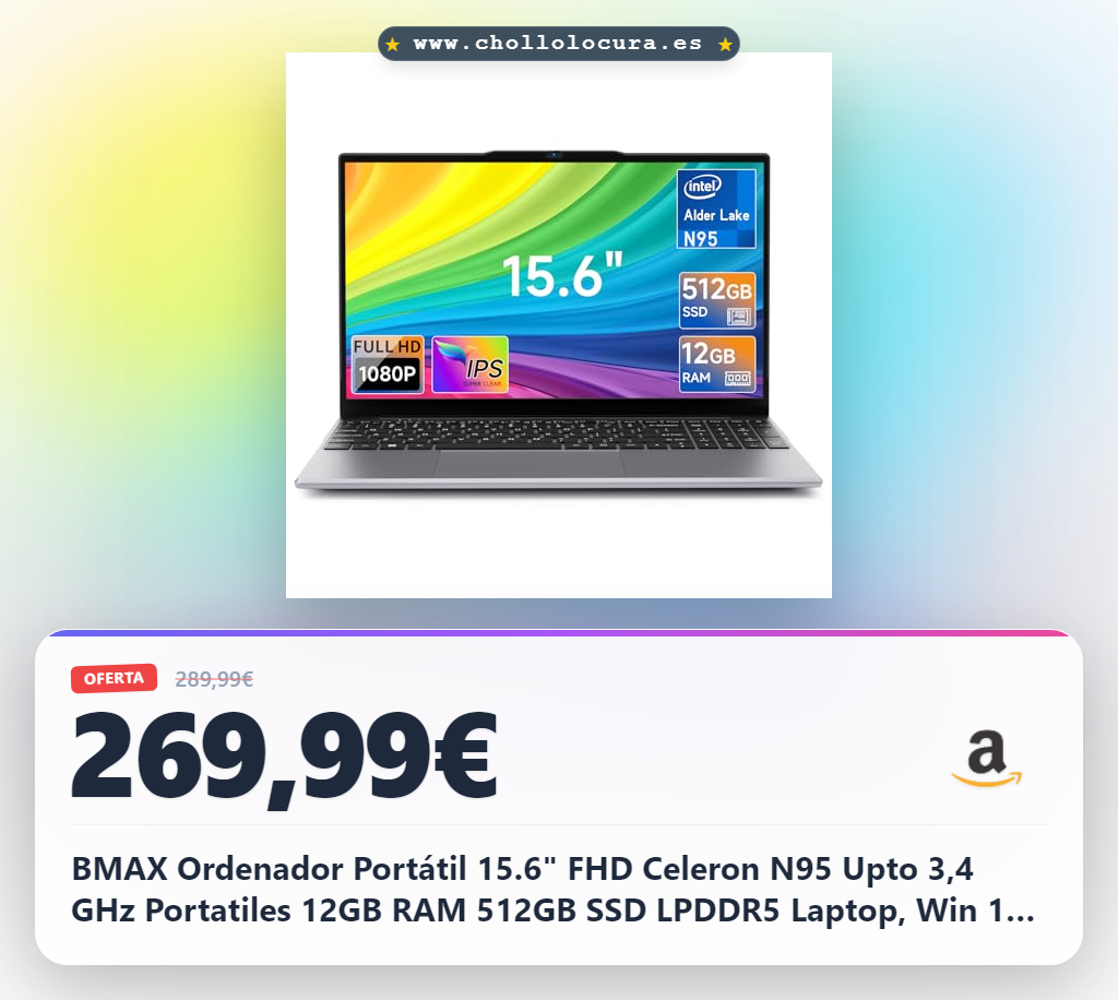 BMAX Ordenador Portátil 15.6" FHD Celeron N95 Upto 3,4 GHz Portatiles 12GB RAM 512GB SSD LPDDR5 Laptop, Win 11 PC Portátil 5G WiFi Notebook BT5.0, USB 3.2x2, Protege el Teclado Español