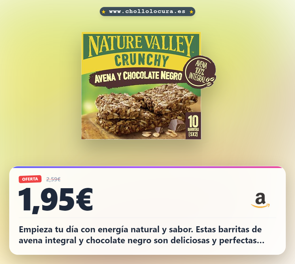 Logra disfrutar de las barritas Nature Valley Crunchy de avena integral y chocolate negro sin colorantes. Sin lactosa al mejor precio.