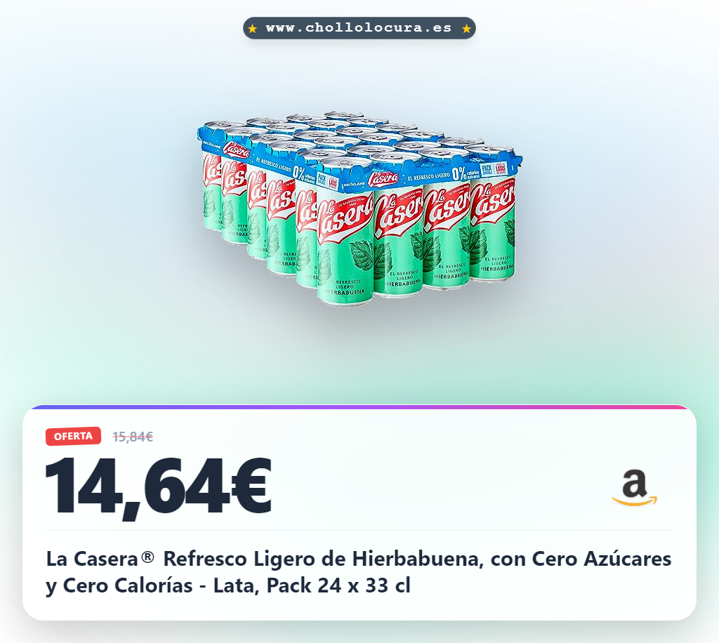 La Casera® Refresco Ligero de Hierbabuena, con Cero Azúcares y Cero Calorías - Lata, Pack 24 x 33 cl