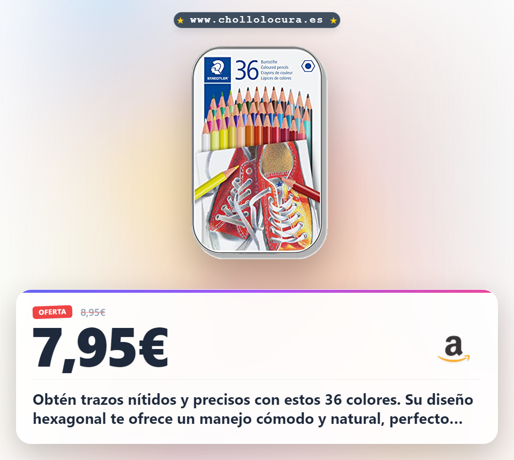 Obtén trazos nítidos y precisos con estos 36 colores. Su diseño hexagonal te ofrece un manejo cómodo y natural, perfecto para largas sesiones de dibujo. Ideales para niños o mandalas adultas, este set de Staedtler combina calidad, durabilidad y un estuche metálico con estilo.
