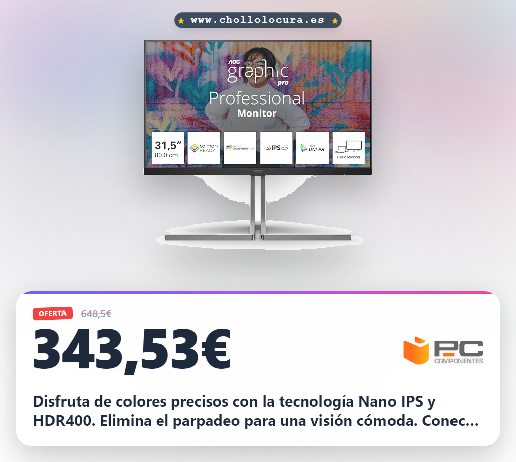 Consigue monitor AOC U32U3CV 32 pulgadas Nano IPS HDR400 con calibración Delta E<2 y Altura Ajustable