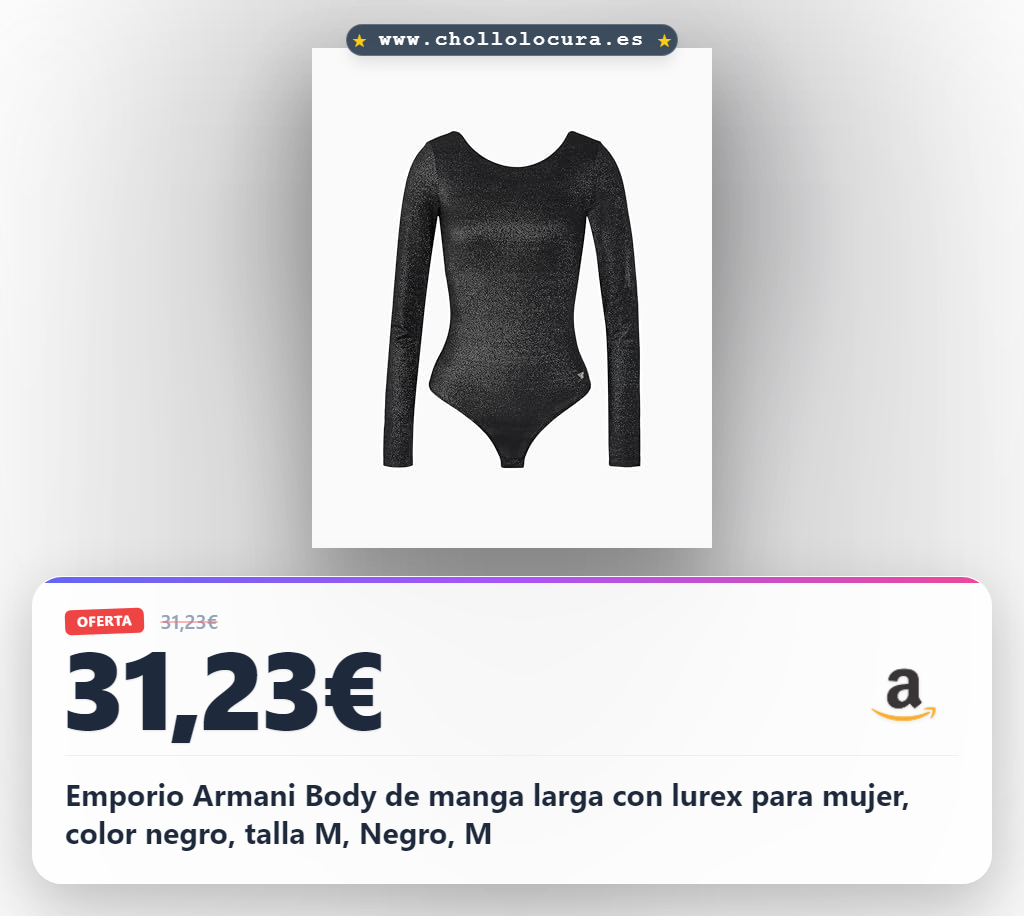Emporio Armani Body de manga larga con lurex para mujer, color negro, talla M, Negro, M