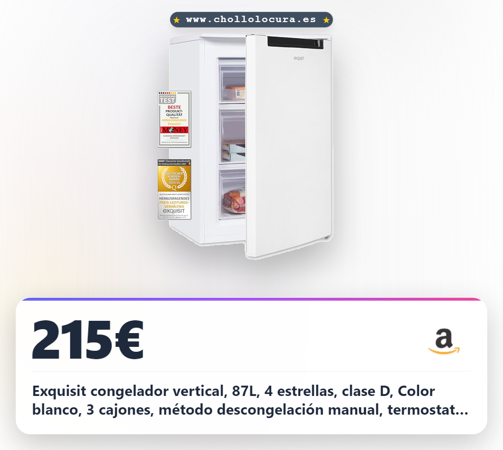 Exquisit congelador vertical, 87L, 4 estrellas, clase D, Color blanco, 3 cajones, método descongelación manual, termostato ajustable, puerta reversible, 40 db, consumo 132 kwh/año, 85,5x54,5x58 cm