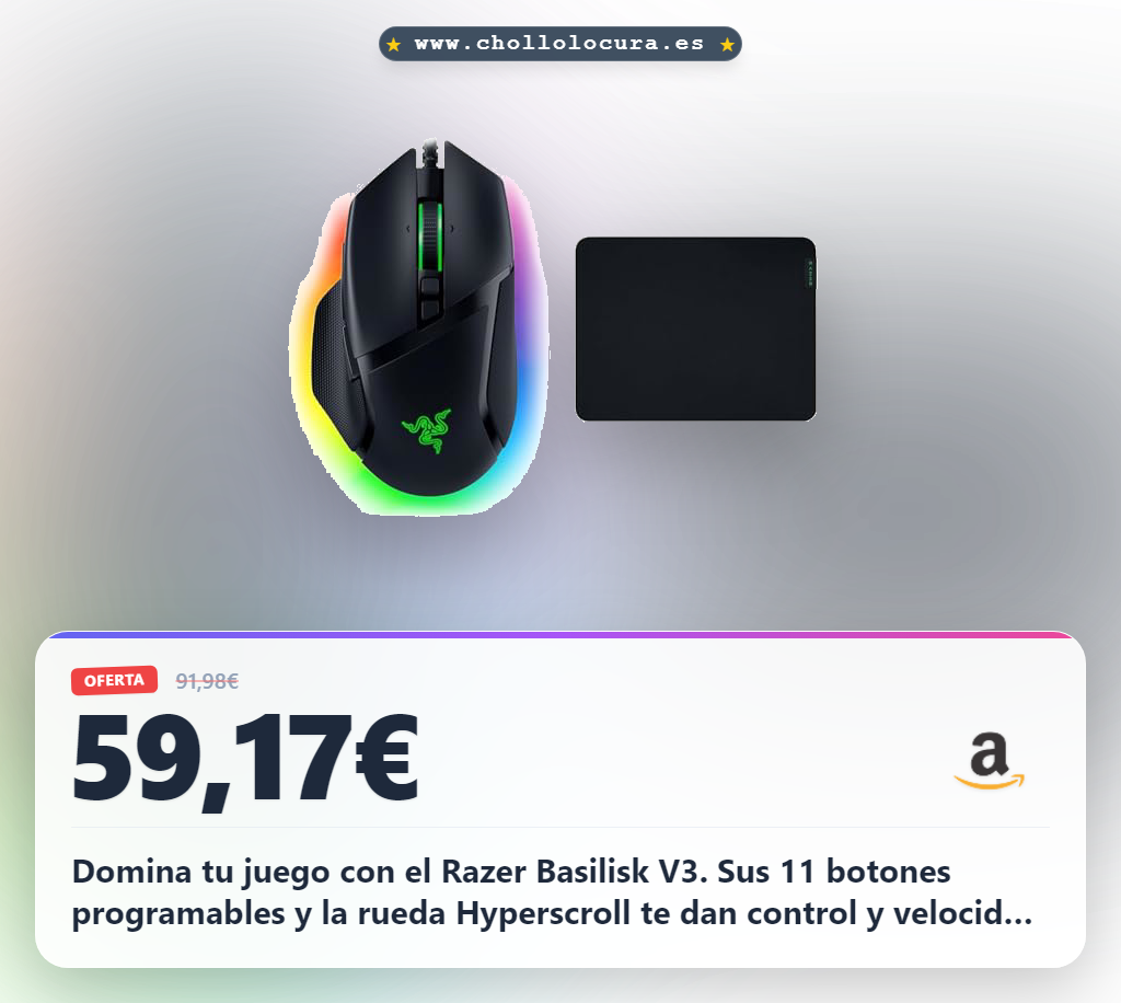 Obtén el Razer Basilisk V3 gaming con 11 botones y Hyperscroll a precio de chollo. Control perfecto y RGB extremo.