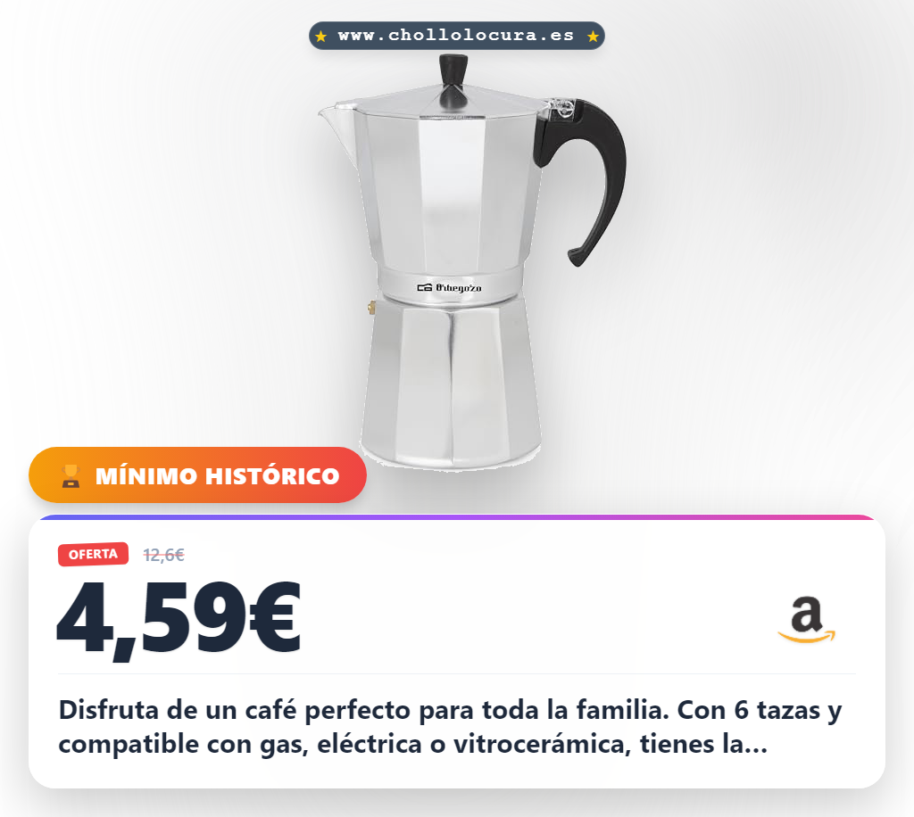 Disfruta de un café perfecto para toda la familia. Con 6 tazas y compatible con gas, eléctrica o vitrocerámica, tienes la versatilidad que necesitas. Su interior es fácil de limpiar y la válvula de seguridad te da total tranquilidad.