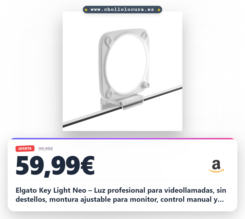 Elgato Key Light Neo – Luz profesional para videollamadas, sin destellos, montura ajustable para monitor, control manual y por Wi-Fi, streaming, Teams/Zoom/Slack/Twitch/Youtube – Plug-n-play, PC, Mac