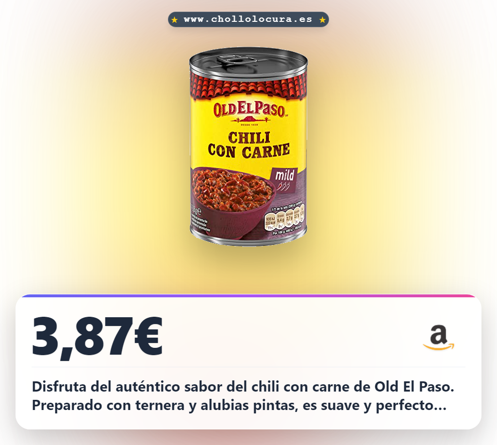Consigue este Chili Con Carne Old El Paso con alubias pintas y ternera. Picante suave, perfecto para tus recetas mexicanas al mejor precio.