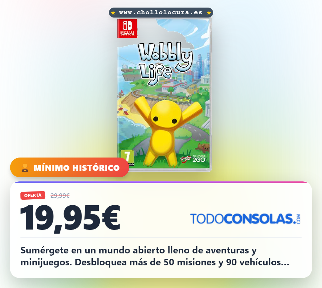 Aprovecha el Wobbly Life Switch IES para Nintendo Switch: sandbox de mundo abierto con 50 misiones y 90 vehículos en oferta