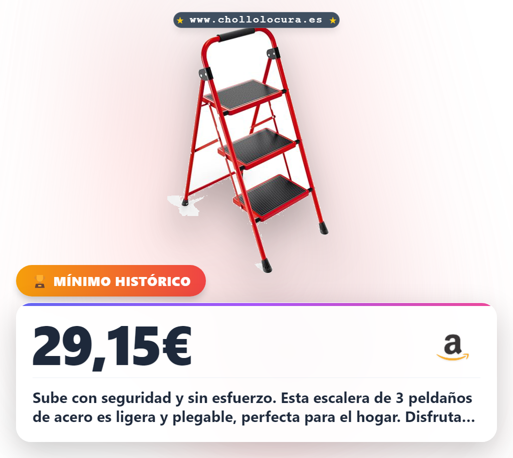 Aprovecha esta escalera plegable de 3 peldaños de acero resistente y segura. Fácil transporte al mejor precio.