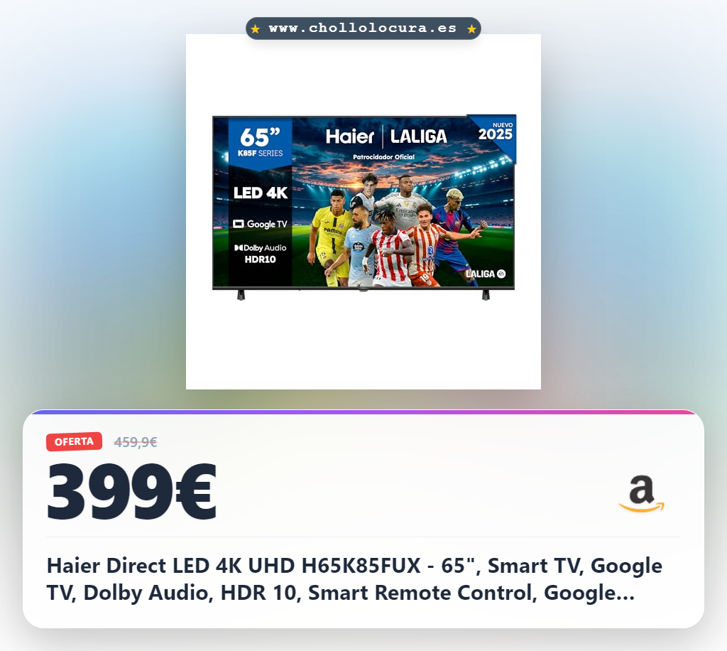 Haier Direct LED 4K UHD H65K85FUX - 65", Smart TV, Google TV, Dolby Audio, HDR 10, Smart Remote Control, Google Assistant, Procesador Quad Core, Bluetooth 5.1, DBX TV, HDMI 2.1 x 4, Sin Marcos, 2025
