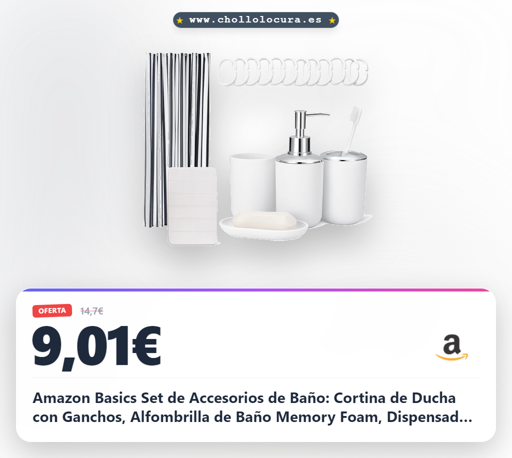Amazon Basics Set de Accesorios de Baño: Cortina de Ducha con Ganchos, Alfombrilla de Baño Memory Foam, Dispensador de Jabón, Jabonera, Portacepillos & Vaso, Blanco